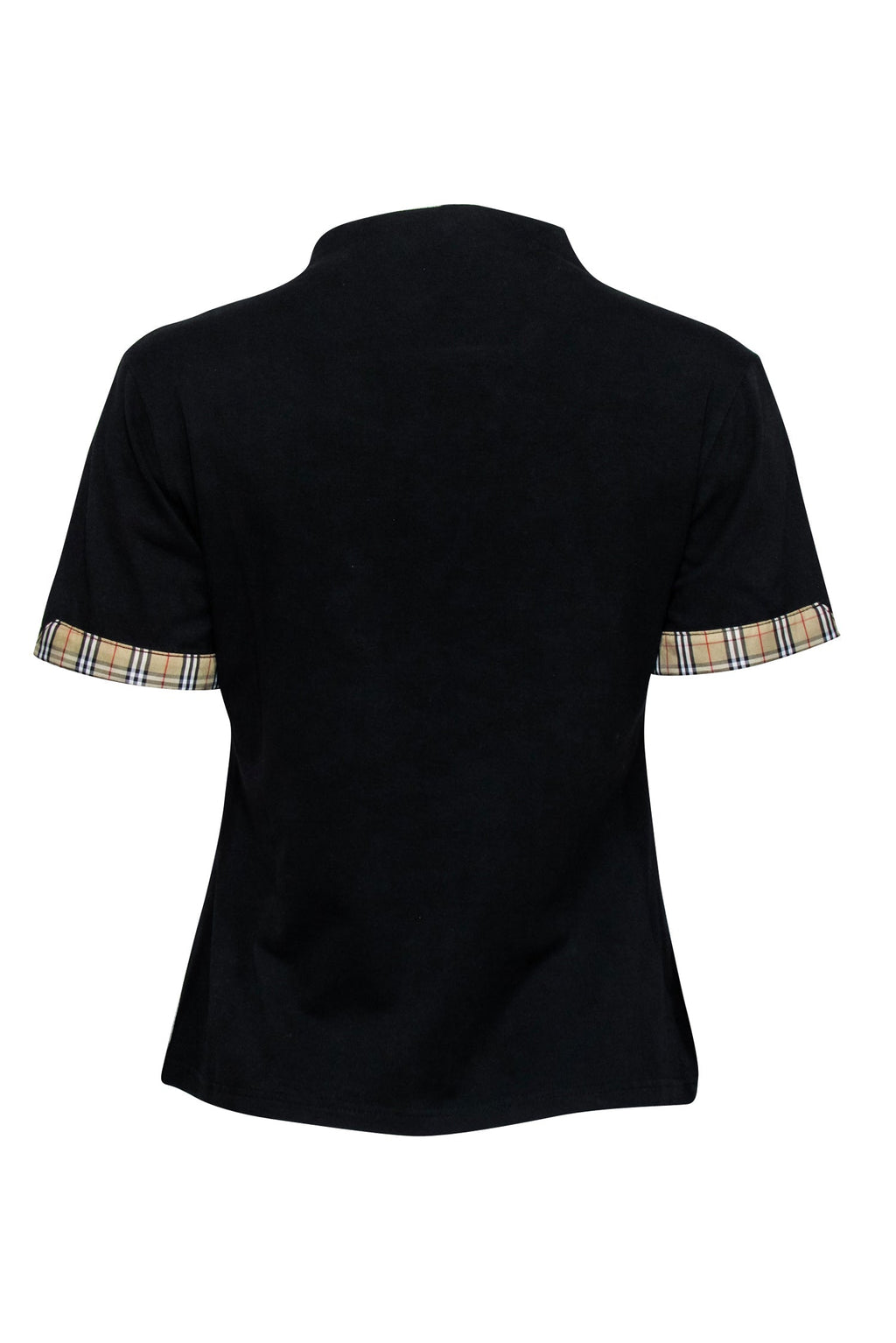 Burberry - Black Zip-Up Short Sleeve Shirt w/ Plaid Trim Sz XL