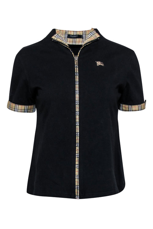 Burberry - Black Zip-Up Short Sleeve Shirt w/ Plaid Trim Sz XL