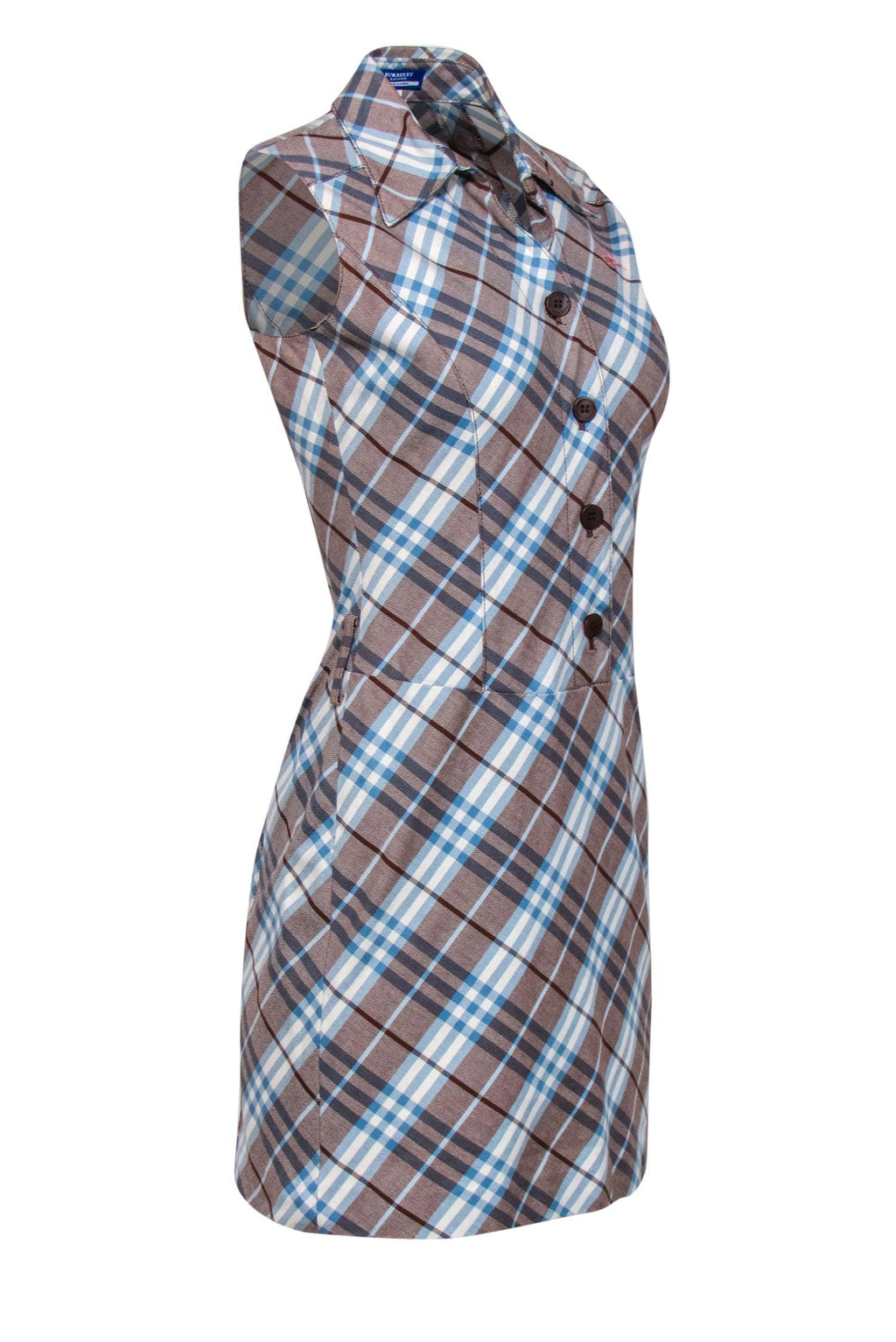 Burberry Blue Label - Light Brown, Blue & White Tartan Print Sheath Dress Sz 4