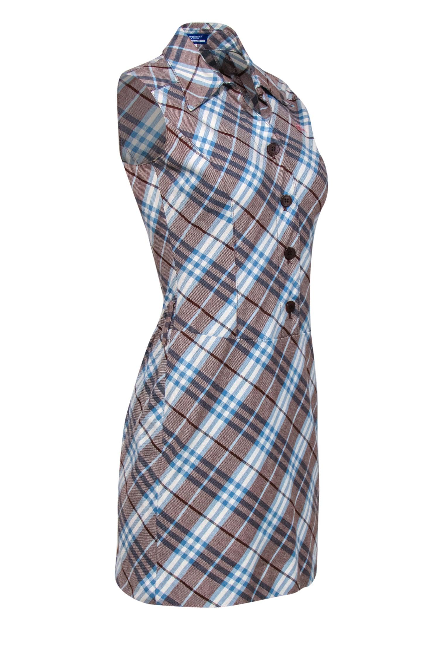 Burberry Blue Label - Light Brown, Blue & White Tartan Print Sheath Dress Sz 4