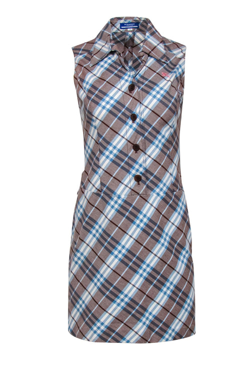 Burberry Blue Label - Light Brown, Blue & White Tartan Print Sheath Dress Sz 4