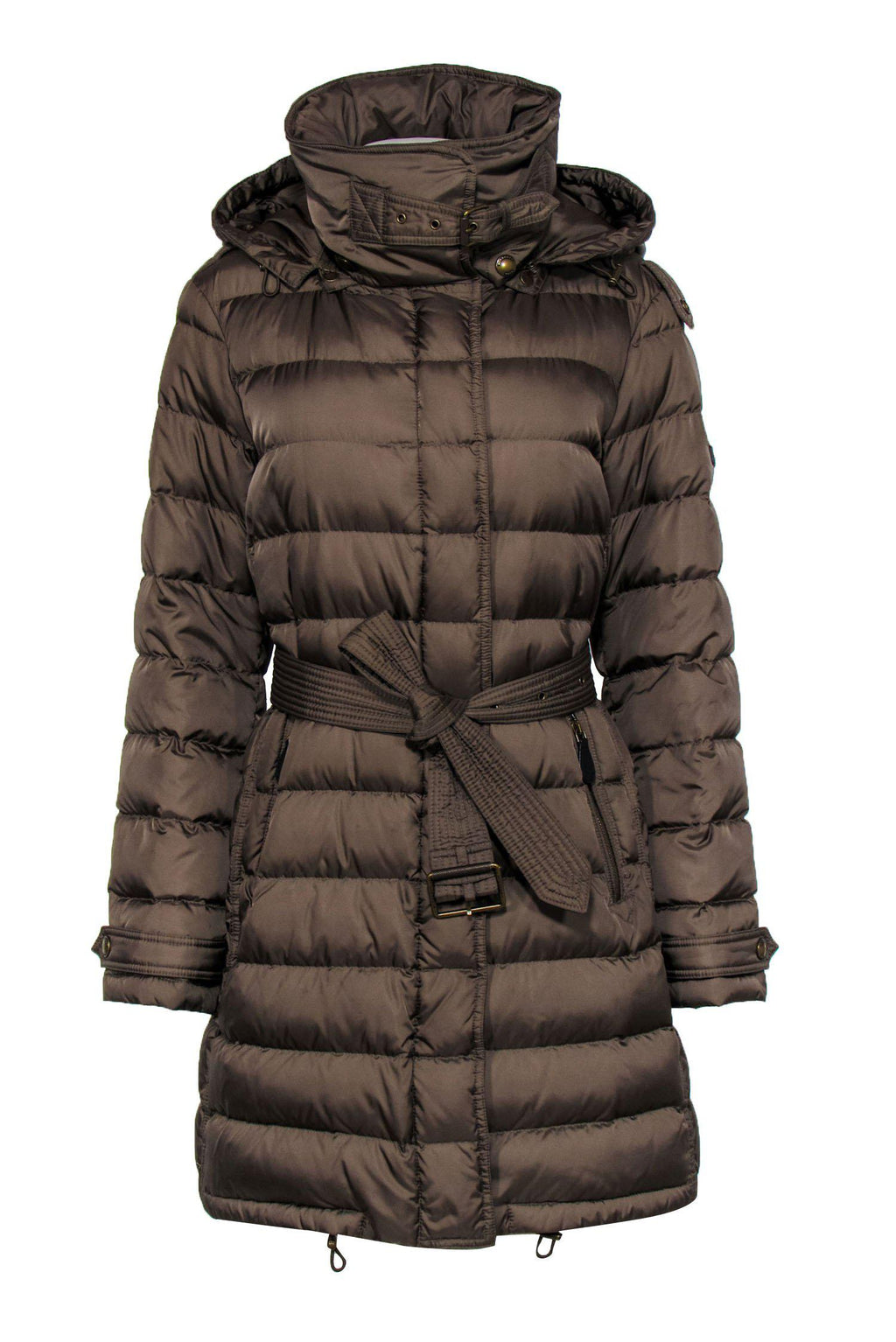 Burberry Brit - Olive Belted Hooded Button-Up Puffer Coat Sz L