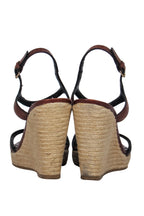 Burberry - Brown Eyelet Leather & Tartan Print T-Strap Woven Wedges Sz 11