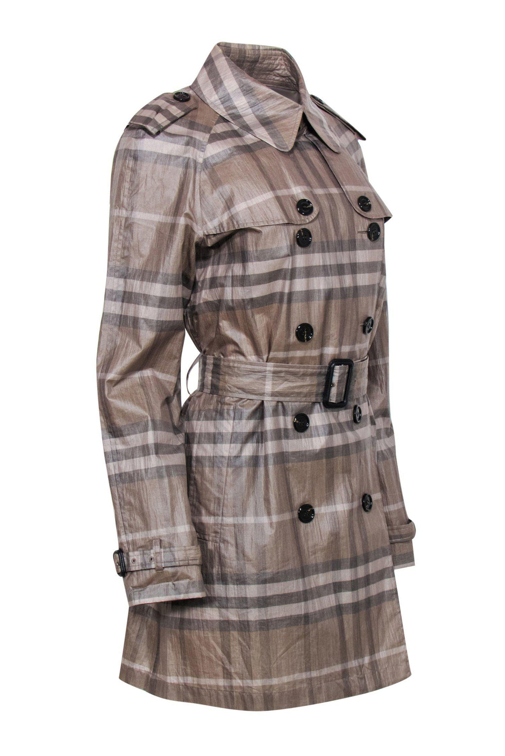 Burberry - Brown Tartan Plaid Double Breasted Belted Trench Coat w/ Sheen Sz 10