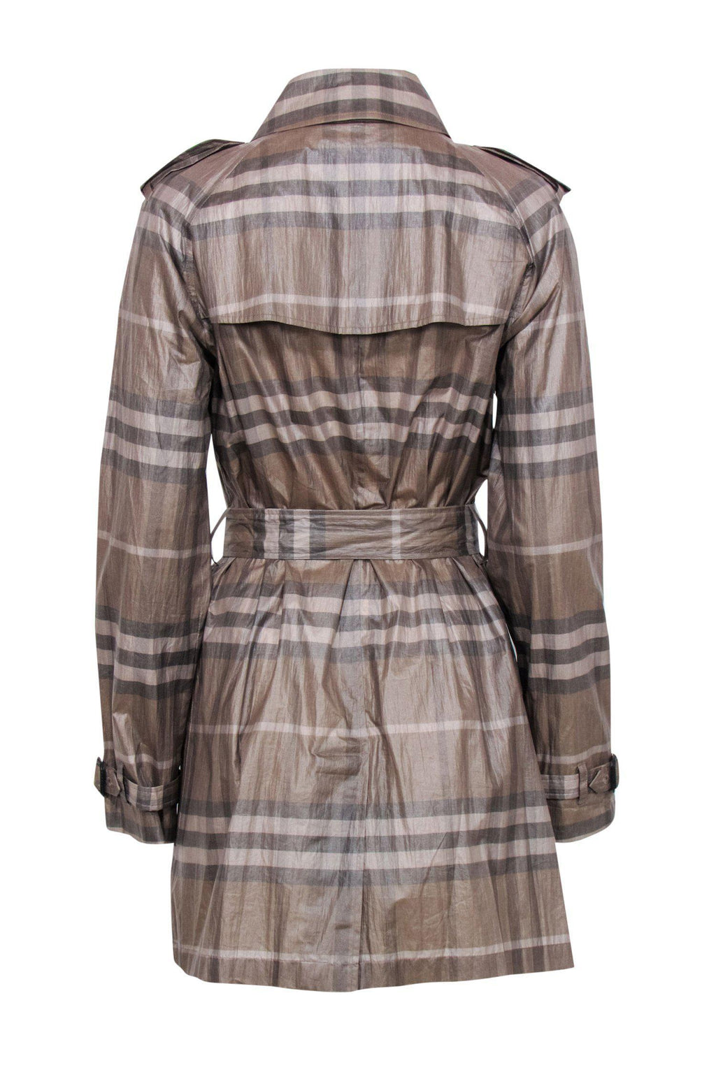 Burberry - Brown Tartan Plaid Double Breasted Belted Trench Coat w/ Sheen Sz 10