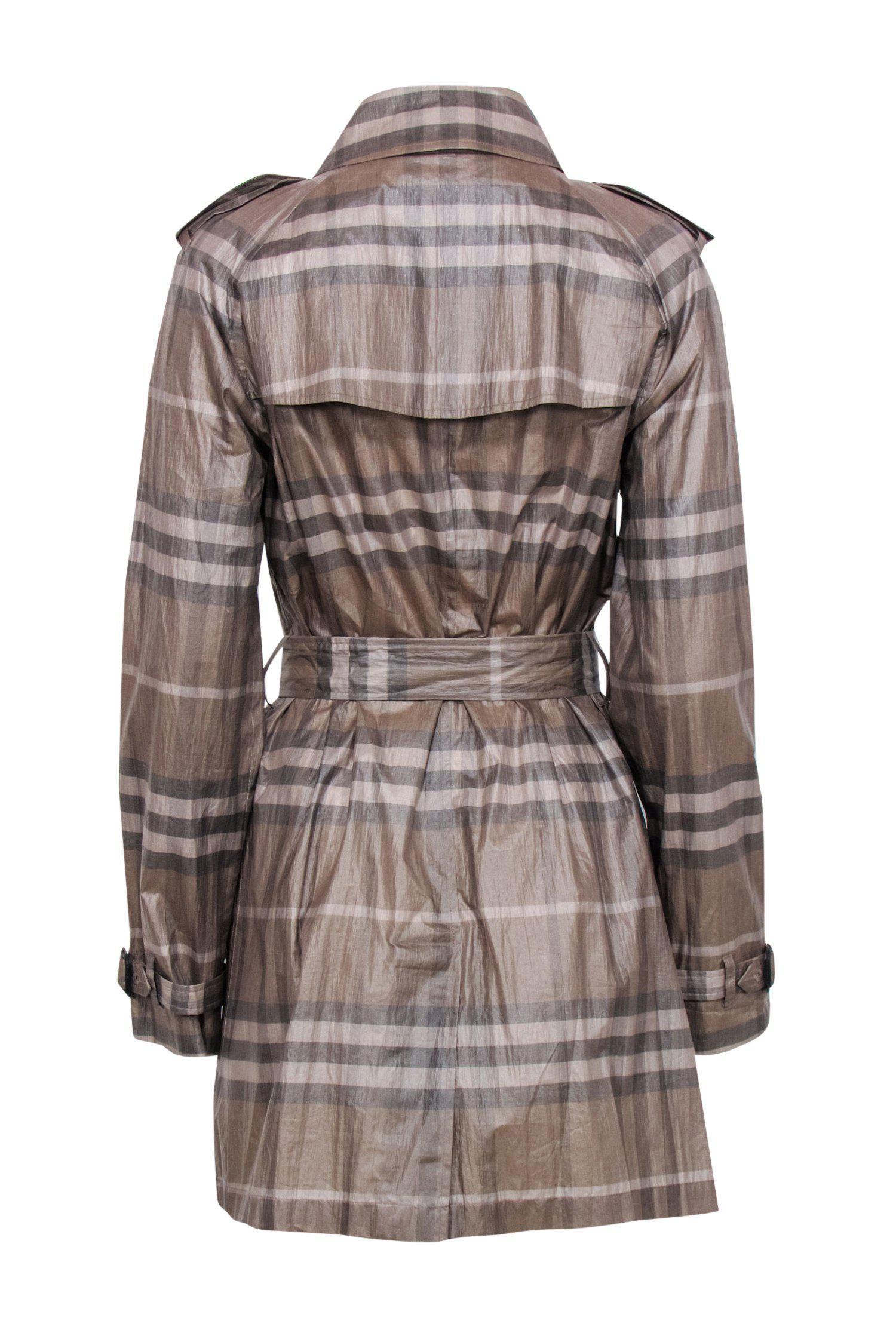 Burberry - Brown Tartan Plaid Double Breasted Belted Trench Coat w/ Sheen Sz 10