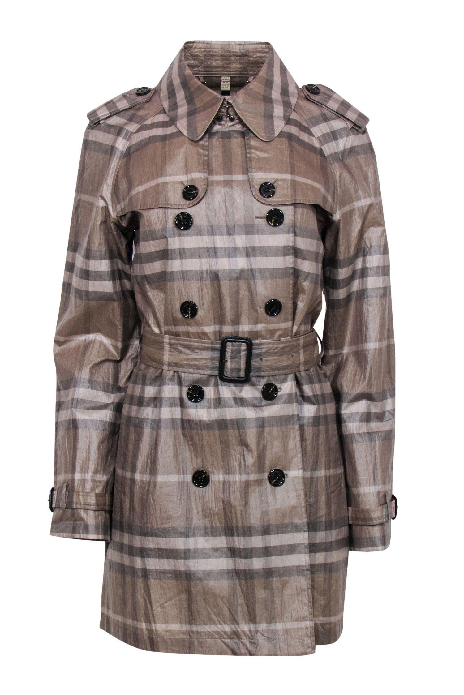 Burberry - Brown Tartan Plaid Double Breasted Belted Trench Coat w/ Sheen Sz 10