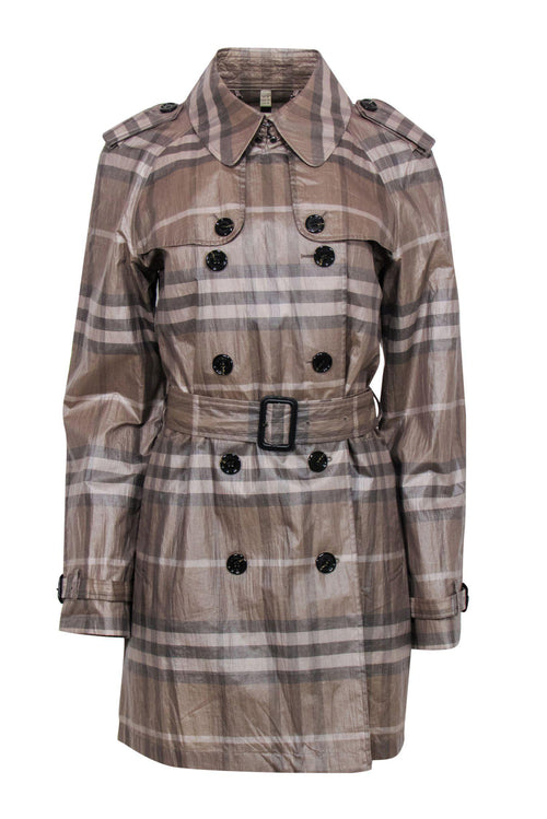Burberry - Brown Tartan Plaid Double Breasted Belted Trench Coat w/ Sheen Sz 10