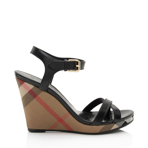 Burberry Canvas Check Leather Wedges - Size 10.5 / 40.5 (SHF-JkpJIU)