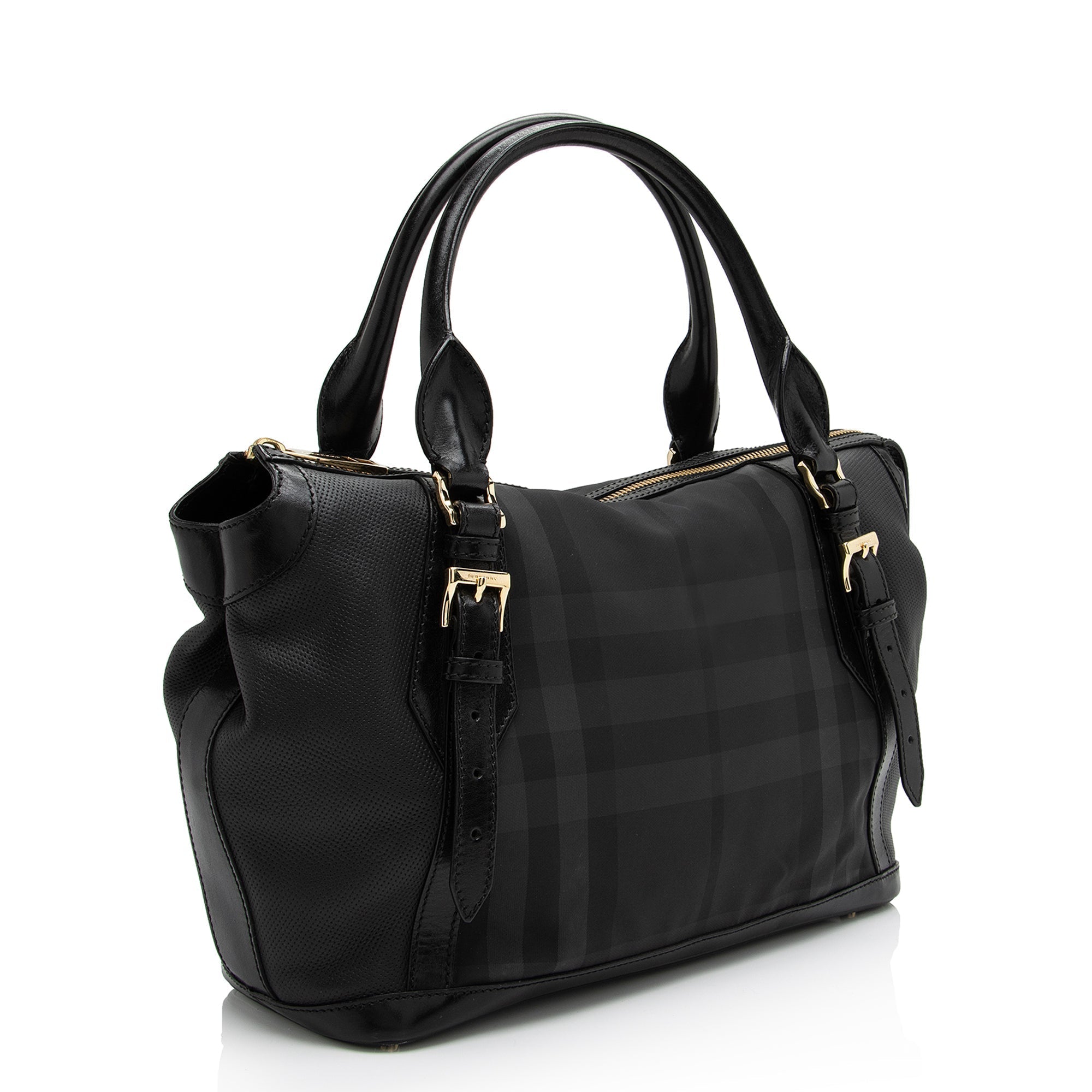 Burberry Charcoal Check Perforated Leather Ellers Large Satchel (SHF-23248)