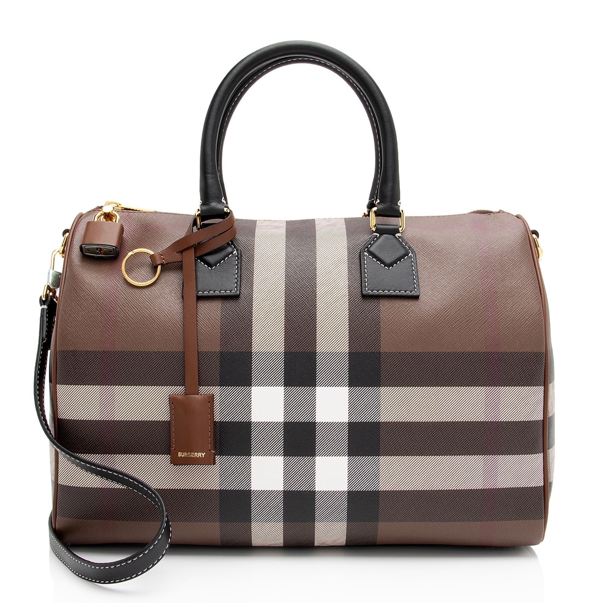 Burberry E-Canvas House Check Medium Bowling Bag (SHF-qWmn3K)