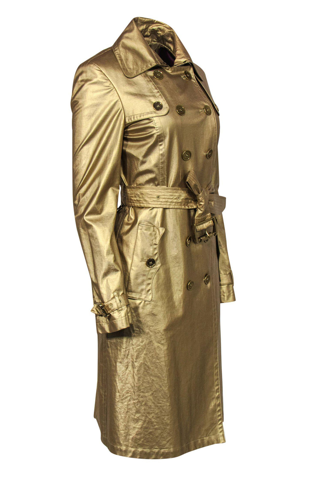 Burberry - Gold Shimmery Double Breasted Trench Coat w/ Belt Sz 8
