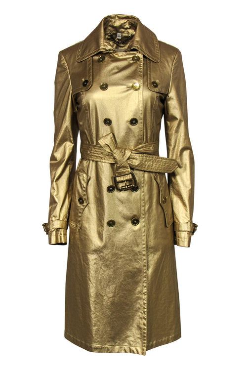 Burberry - Gold Shimmery Double Breasted Trench Coat w/ Belt Sz 8