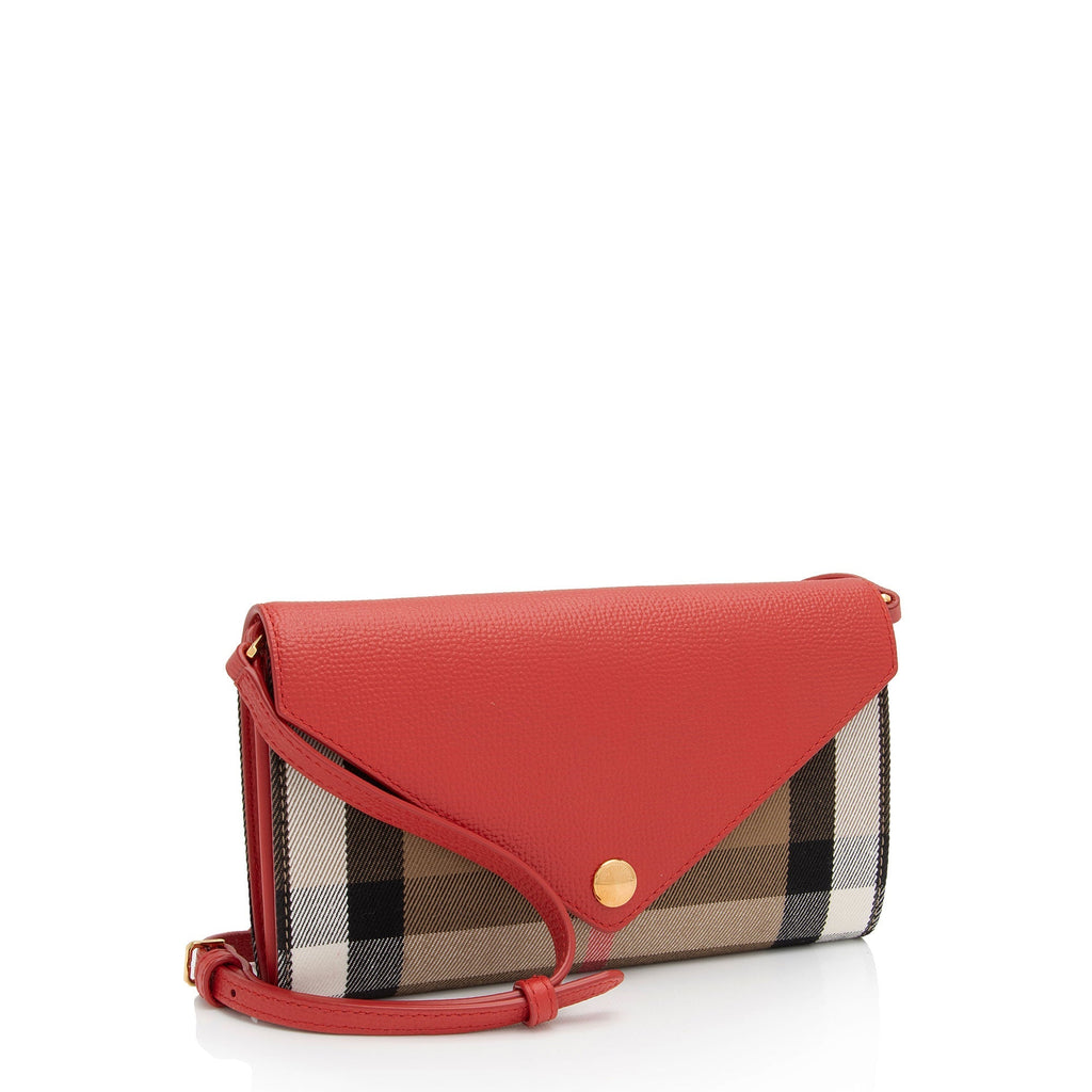 Burberry House Check Leather Hannah Wallet on Strap (SHF-eQV5N5)