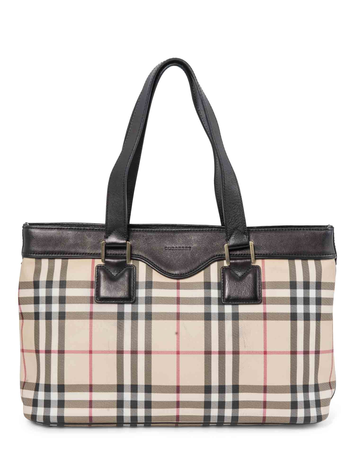 Burberry House Check Leather Top Handle Shopper Bag Beige Black