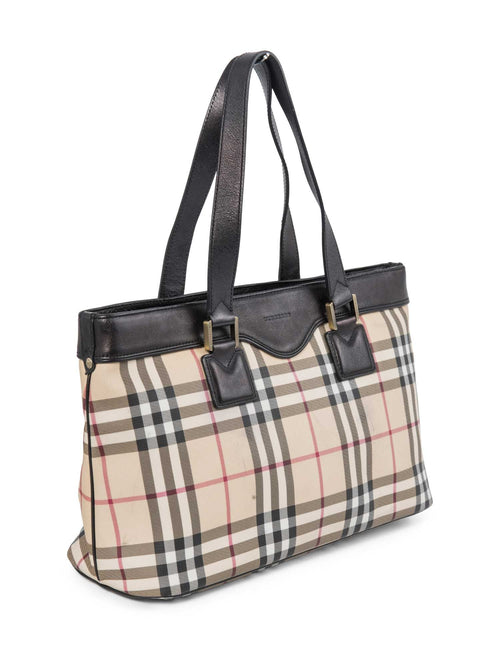 Burberry House Check Leather Top Handle Shopper Bag Beige Black