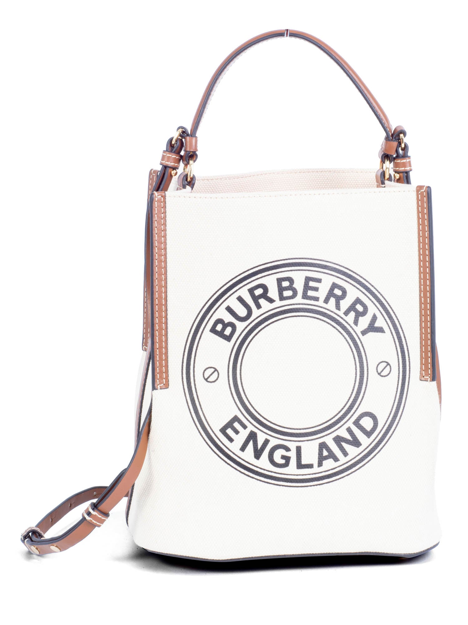 Burberry Leather Canvas Logo Bucket Bag Tan