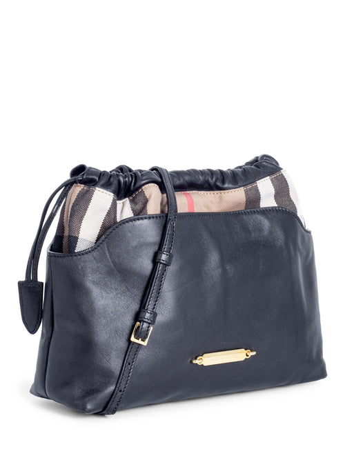 Burberry Leather House Check Bucket Messenger Bag Black