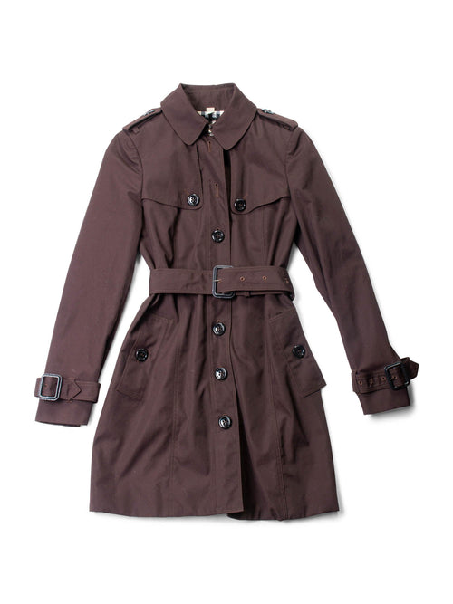 Burberry Logo Check Belted Button Rain Coat Brown