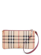 Burberry Logo Haymarket Check Wristlet Bag Beige Red