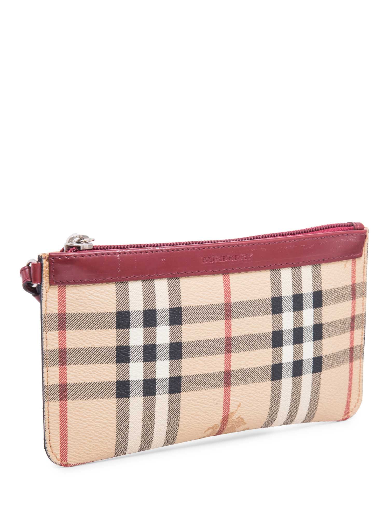 Burberry Logo Haymarket Check Wristlet Bag Beige Red