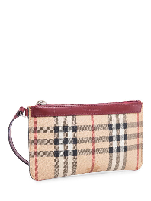 Burberry Logo Haymarket Check Wristlet Bag Beige Red
