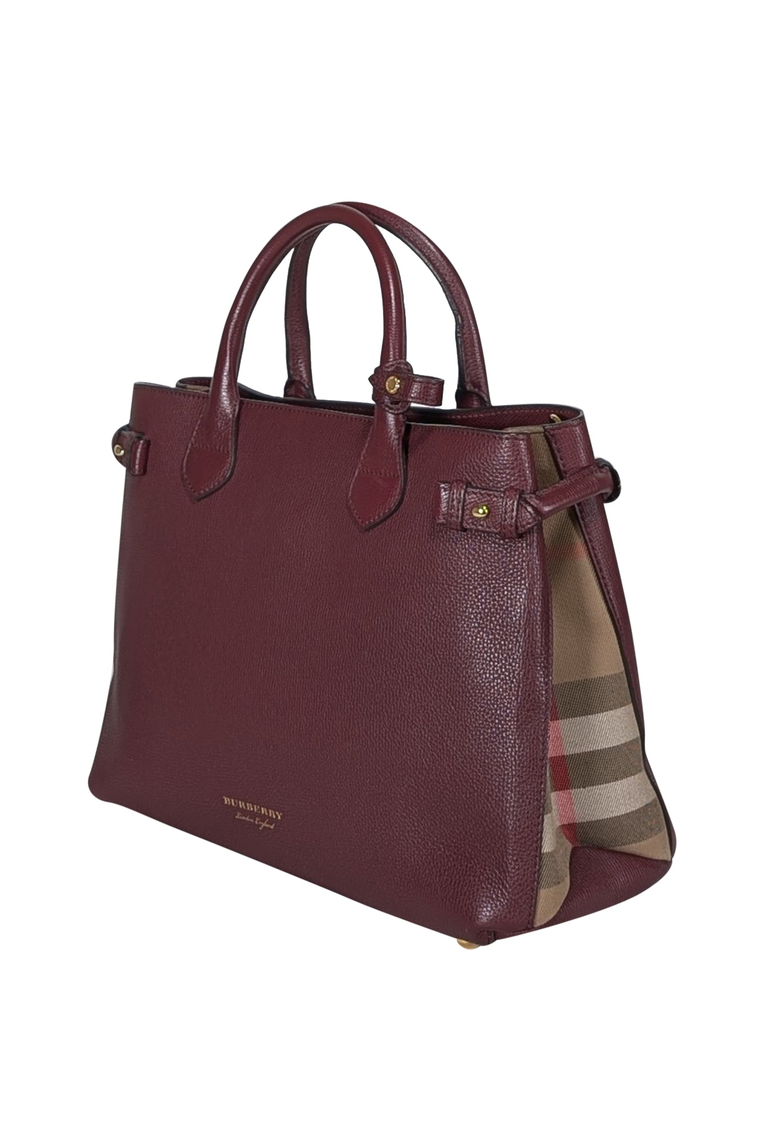 Burberry - Maroon House Check Leather Banner Medium Satchel Bag