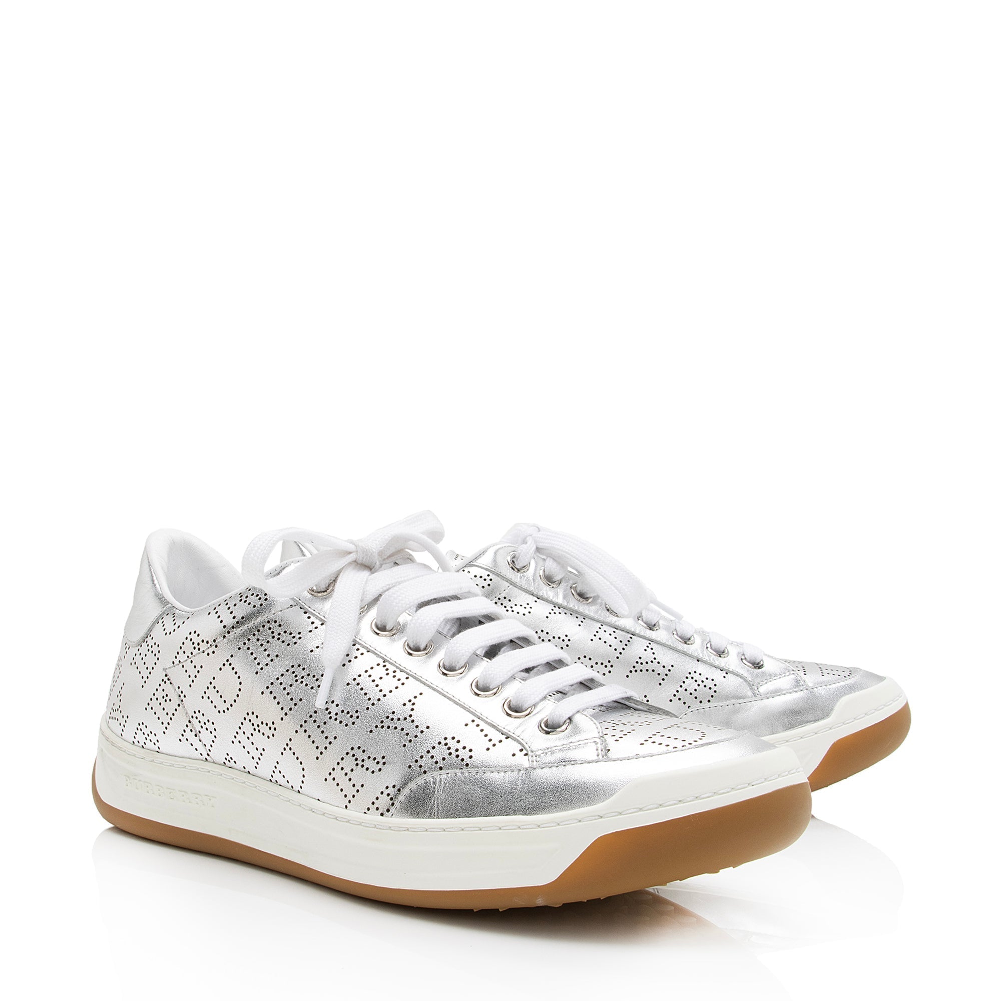 Burberry Metallic Leather Perforated Allover Logo Timsbury Sneakers - Size 8 / 38 (SHF-gcphNz)
