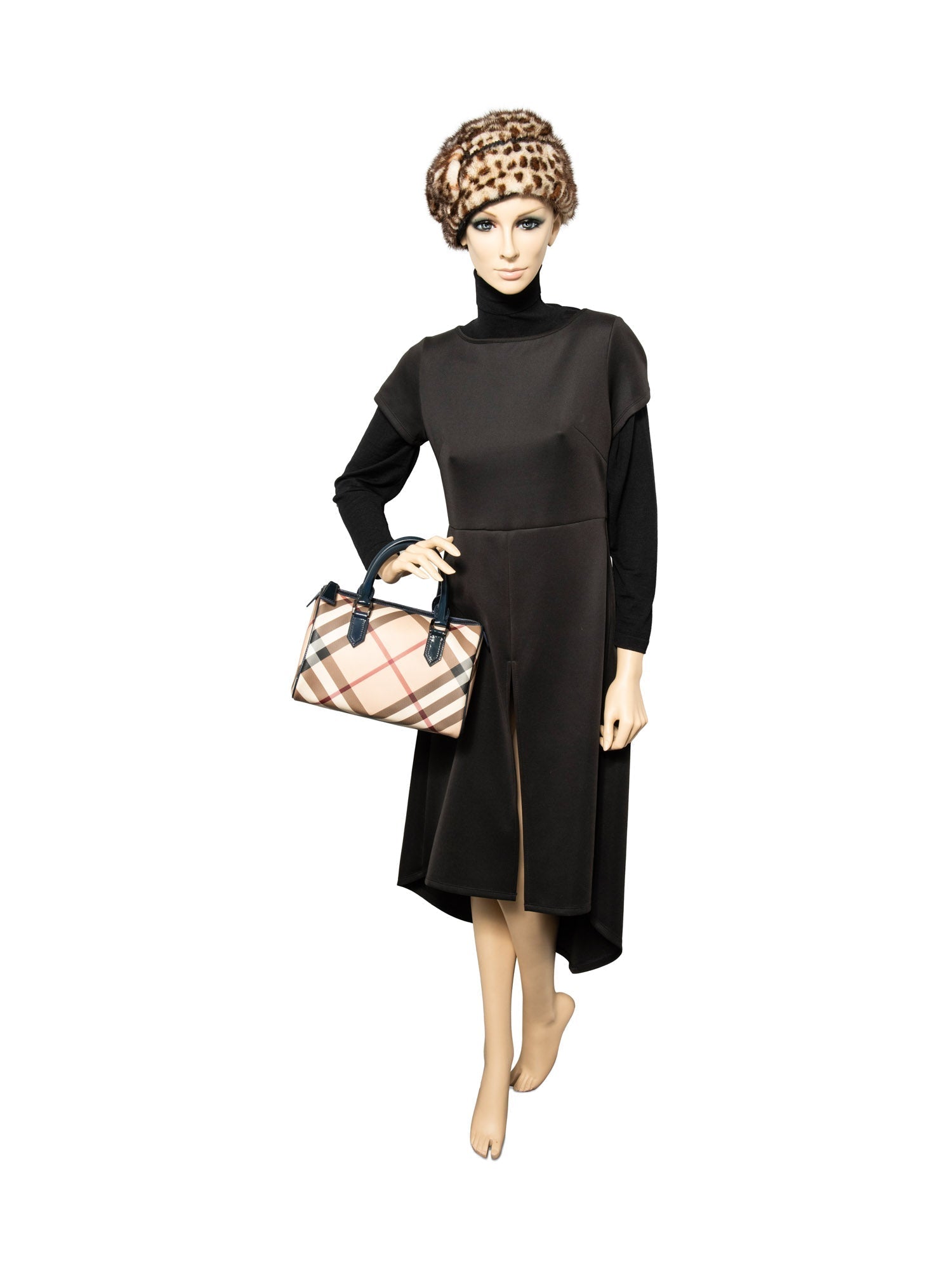 Burberry Nova Check Canvas Leather Boston Bag Beige Navy Blue 25