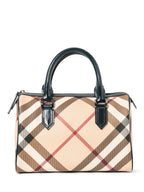 Burberry Nova Check Canvas Leather Boston Bag Beige Navy Blue 25