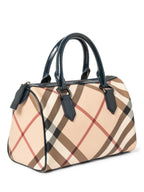 Burberry Nova Check Canvas Leather Boston Bag Beige Navy Blue 25