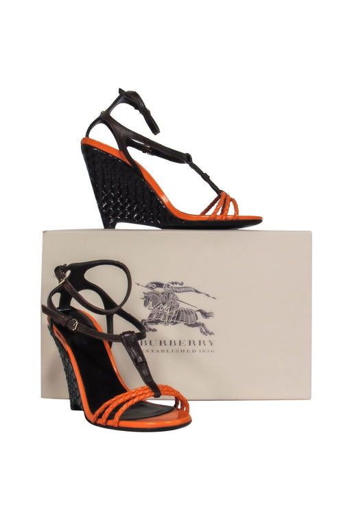 Burberry - Orange & Brown Woven Leather Wedge Heel Sz 10
