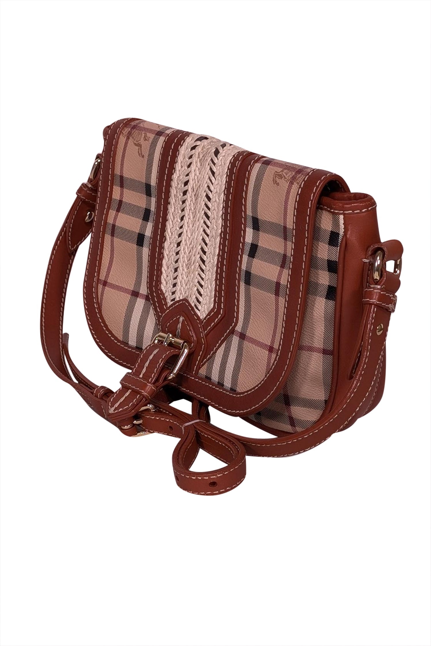 Burberry - Tan Leather and Signature Plaid Crossbody Bag