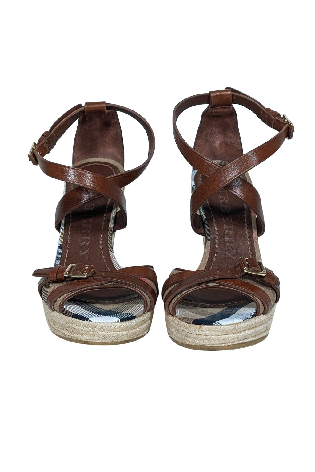 Burberry - Tan Signature Plaid Peep Toe Buckle Trim Wedges Sz 9.5