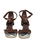 Burberry - Tan Signature Plaid Peep Toe Buckle Trim Wedges Sz 9.5