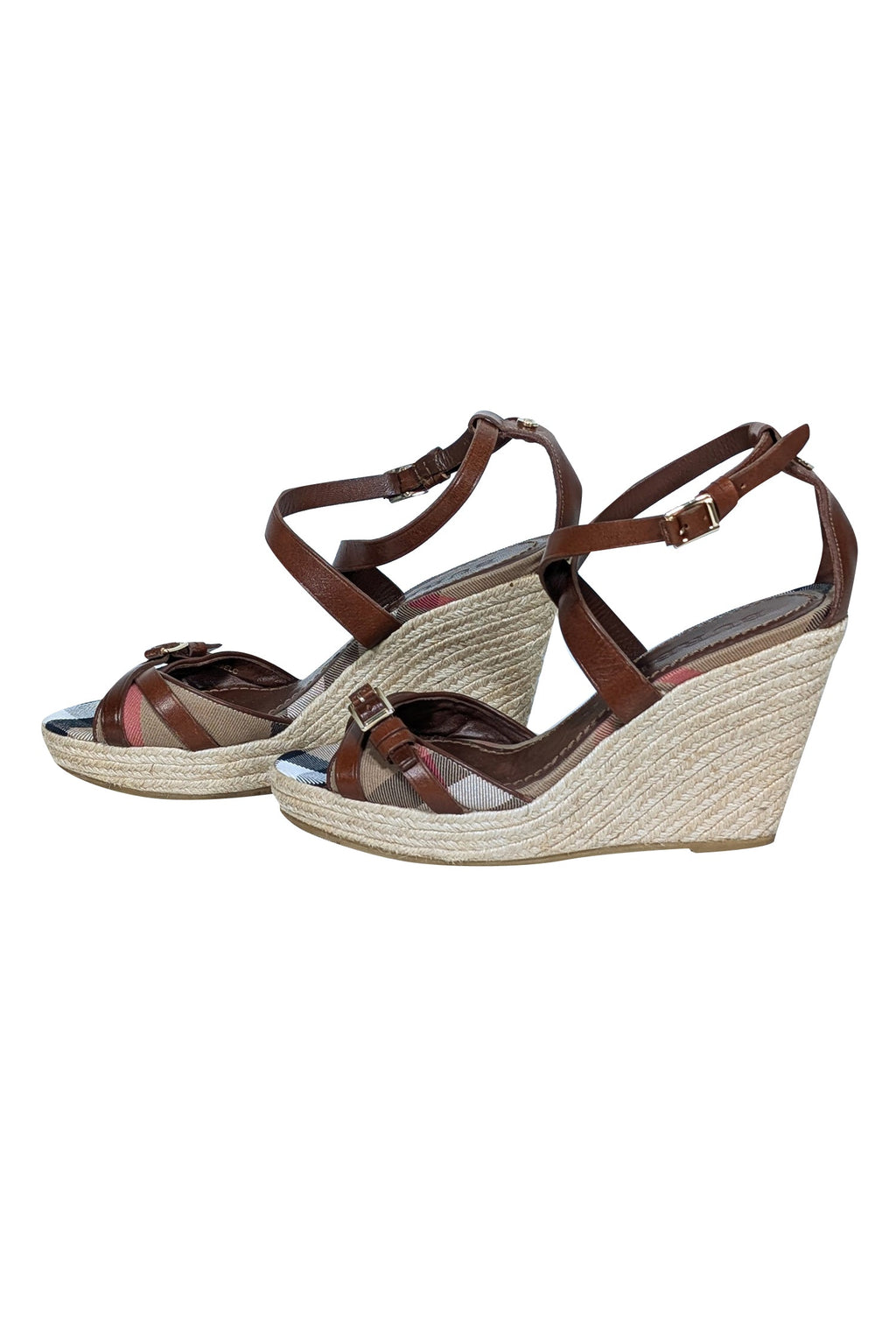 Burberry - Tan Signature Plaid Peep Toe Buckle Trim Wedges Sz 9.5