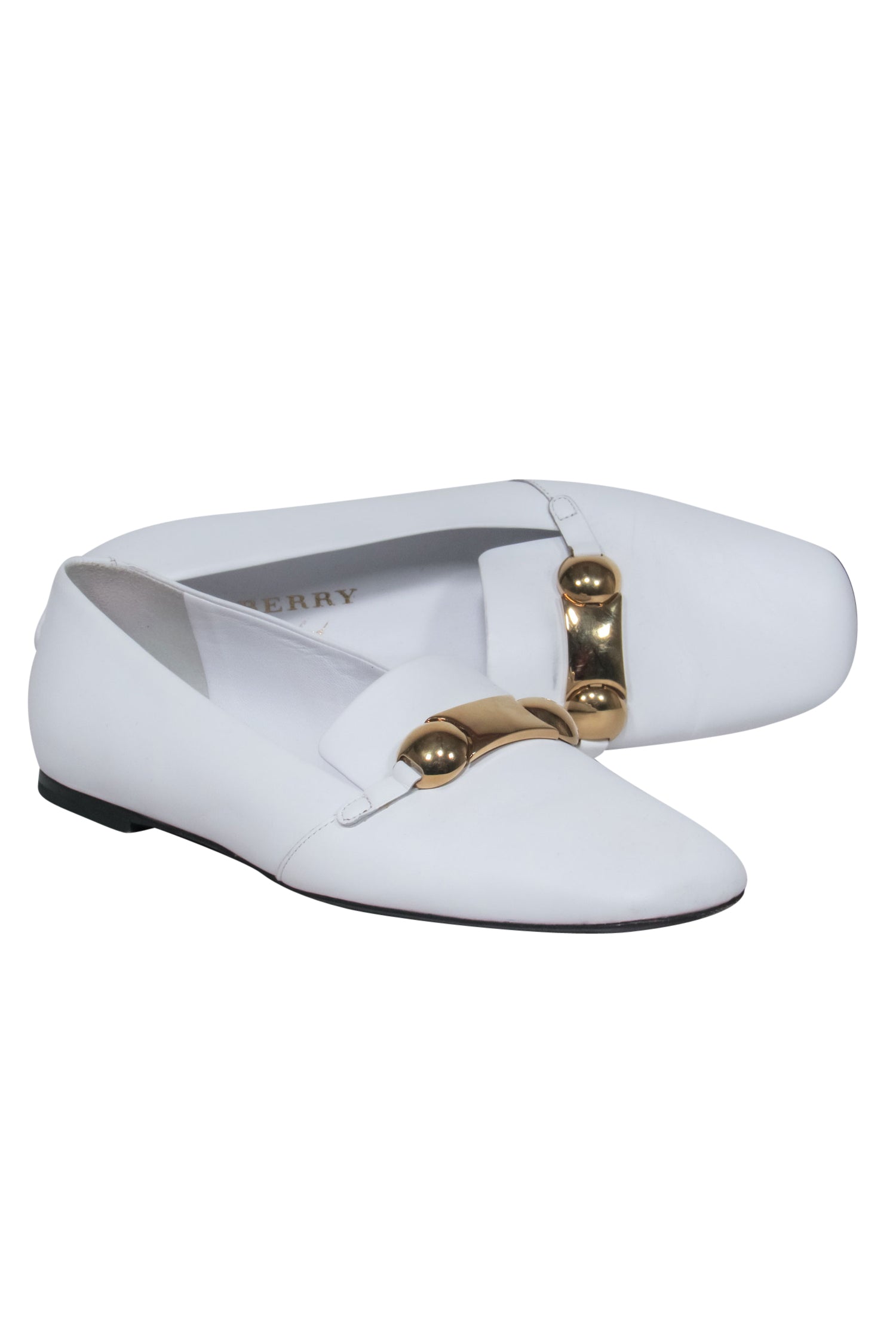 Burberry - White Leather Loafers w/ Gold Buckle Sz 8