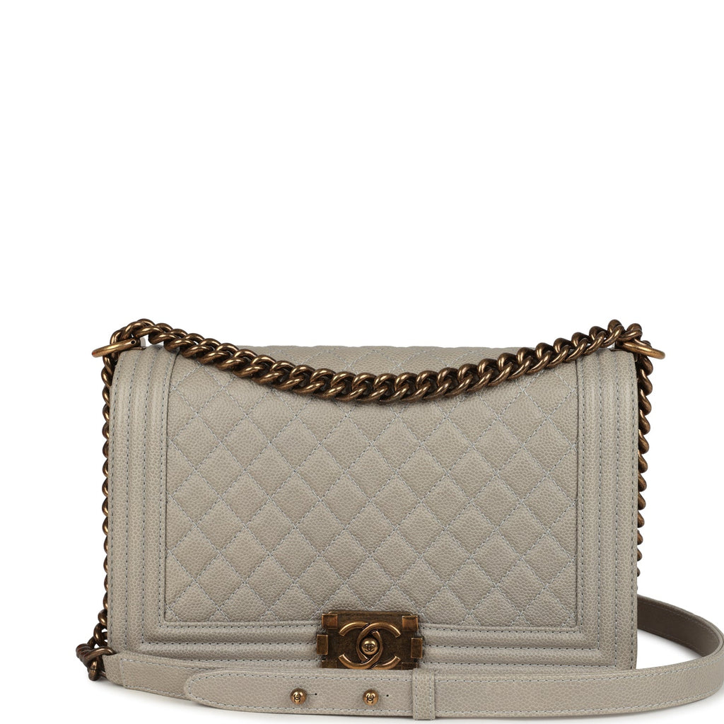 Chanel New Medium Boy Bag Grey Caviar Antique Gold Hardware