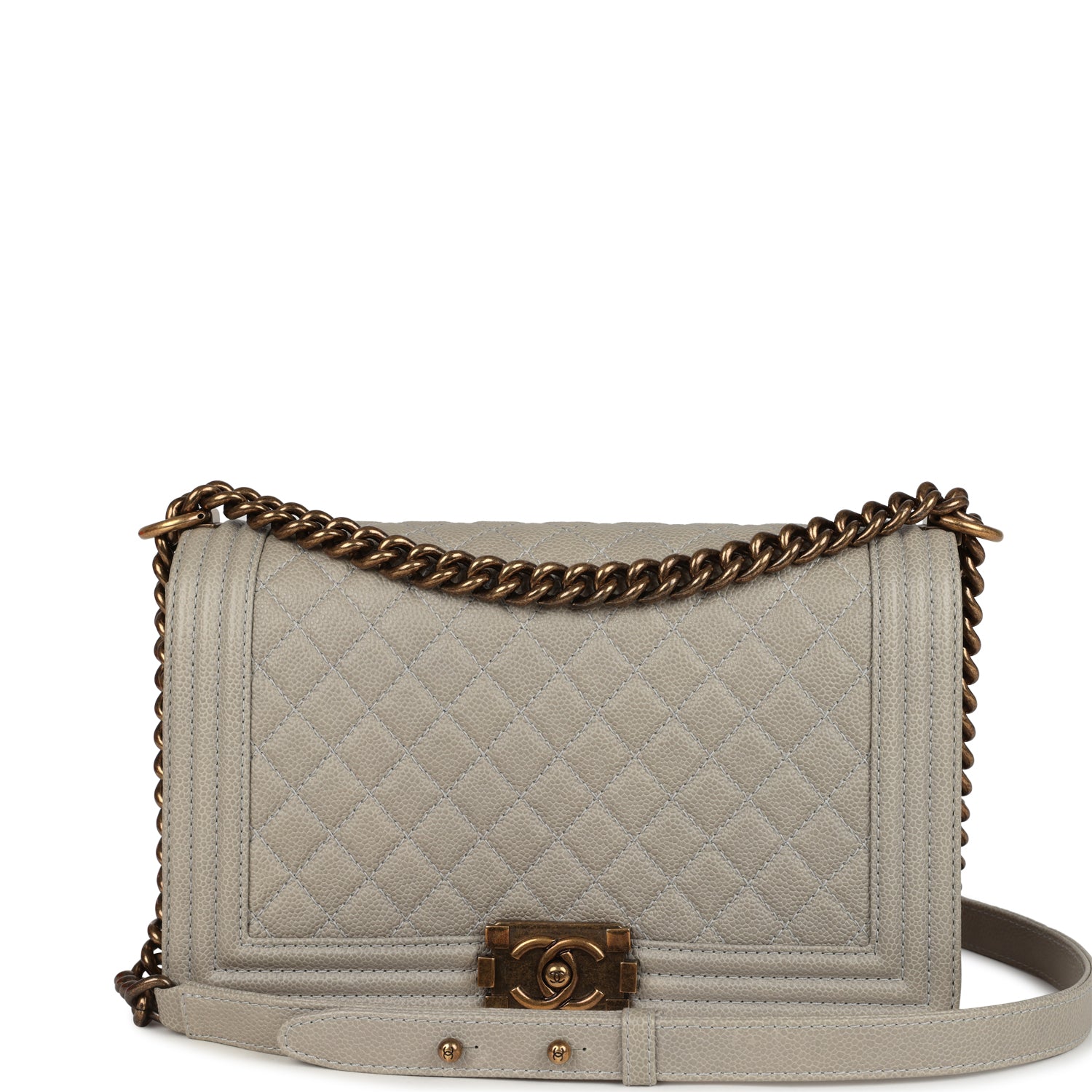 Chanel New Medium Boy Bag Grey Caviar Antique Gold Hardware