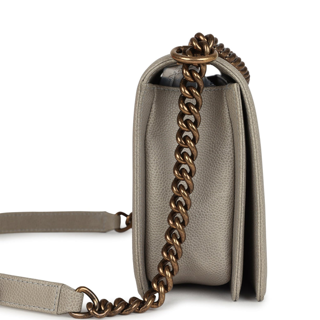Chanel New Medium Boy Bag Grey Caviar Antique Gold Hardware