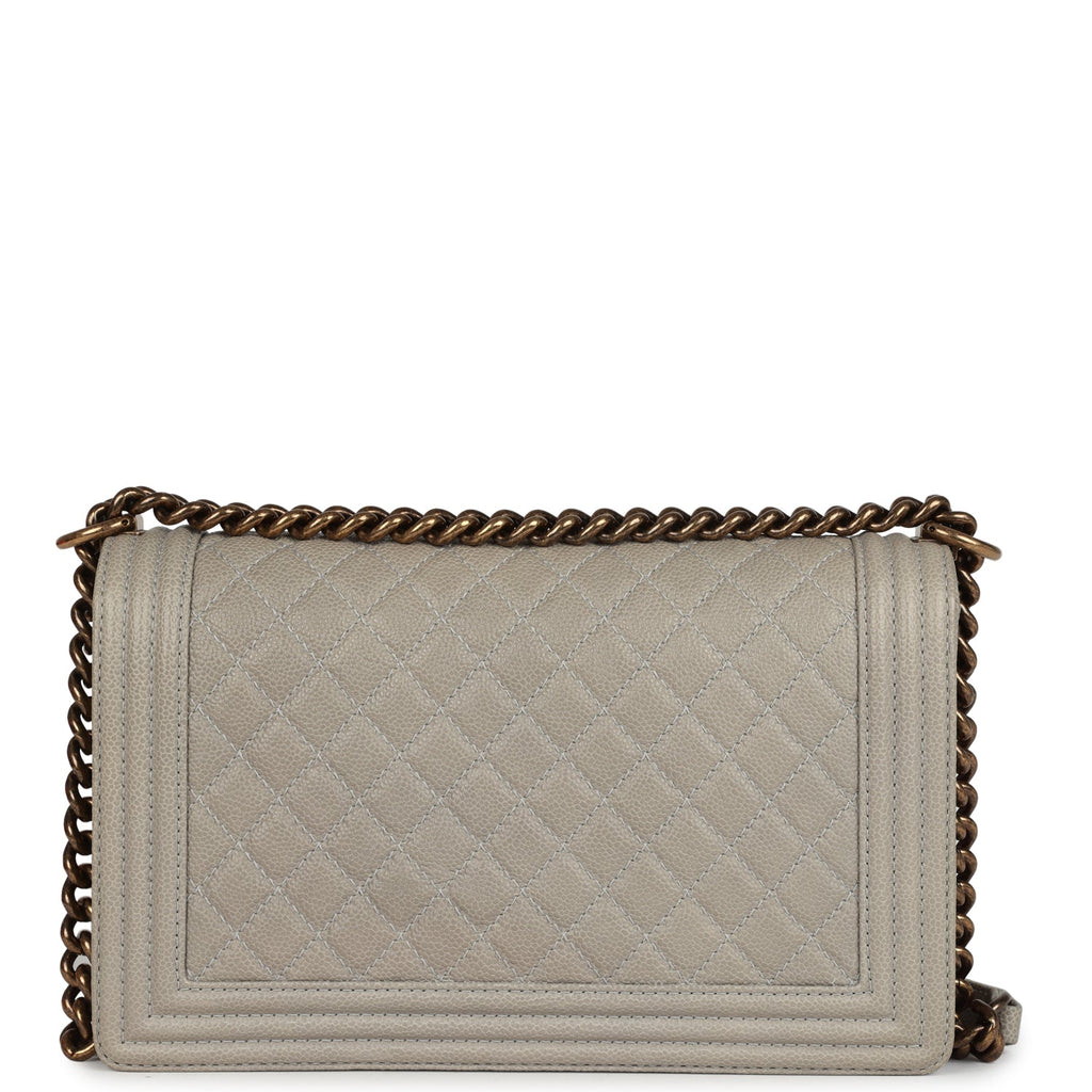 Chanel New Medium Boy Bag Grey Caviar Antique Gold Hardware