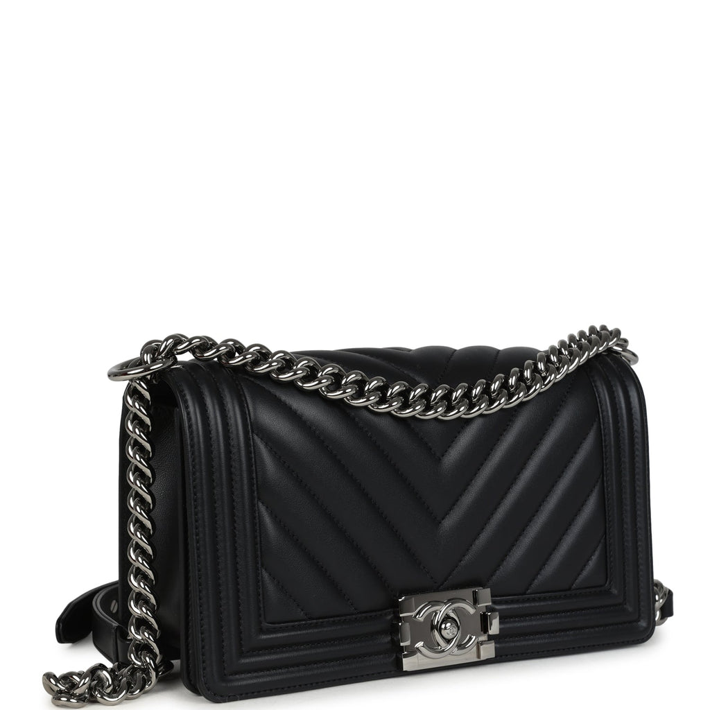 Chanel Medium Chevron Boy Bag Black Lambskin Ruthenium Hardware