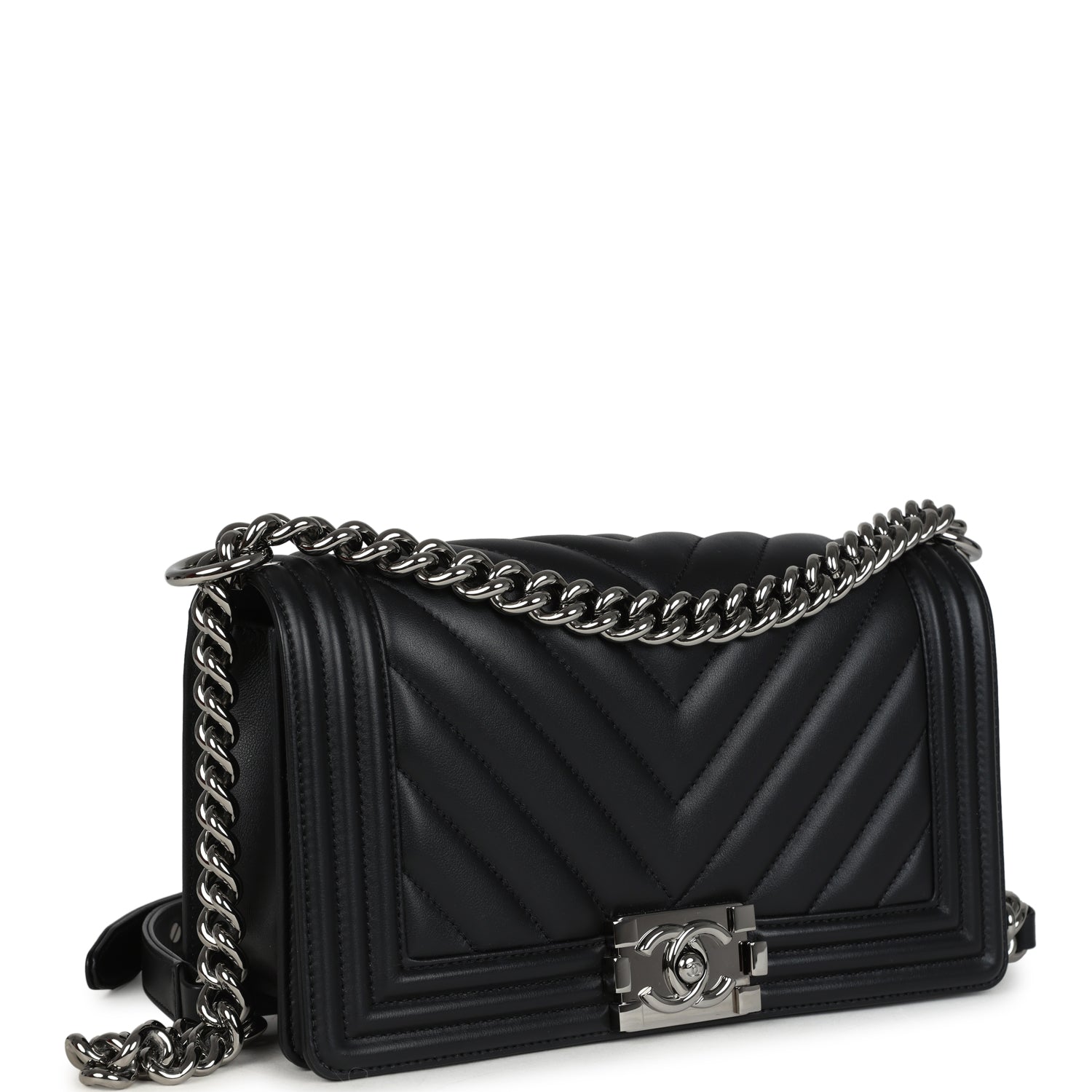 Chanel Medium Chevron Boy Bag Black Lambskin Ruthenium Hardware