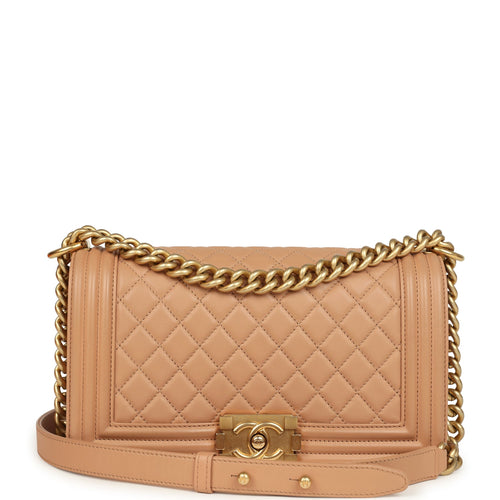 Preowned Chanel Medium Boy Bag Dark Beige Lambskin Antique Gold Hardware