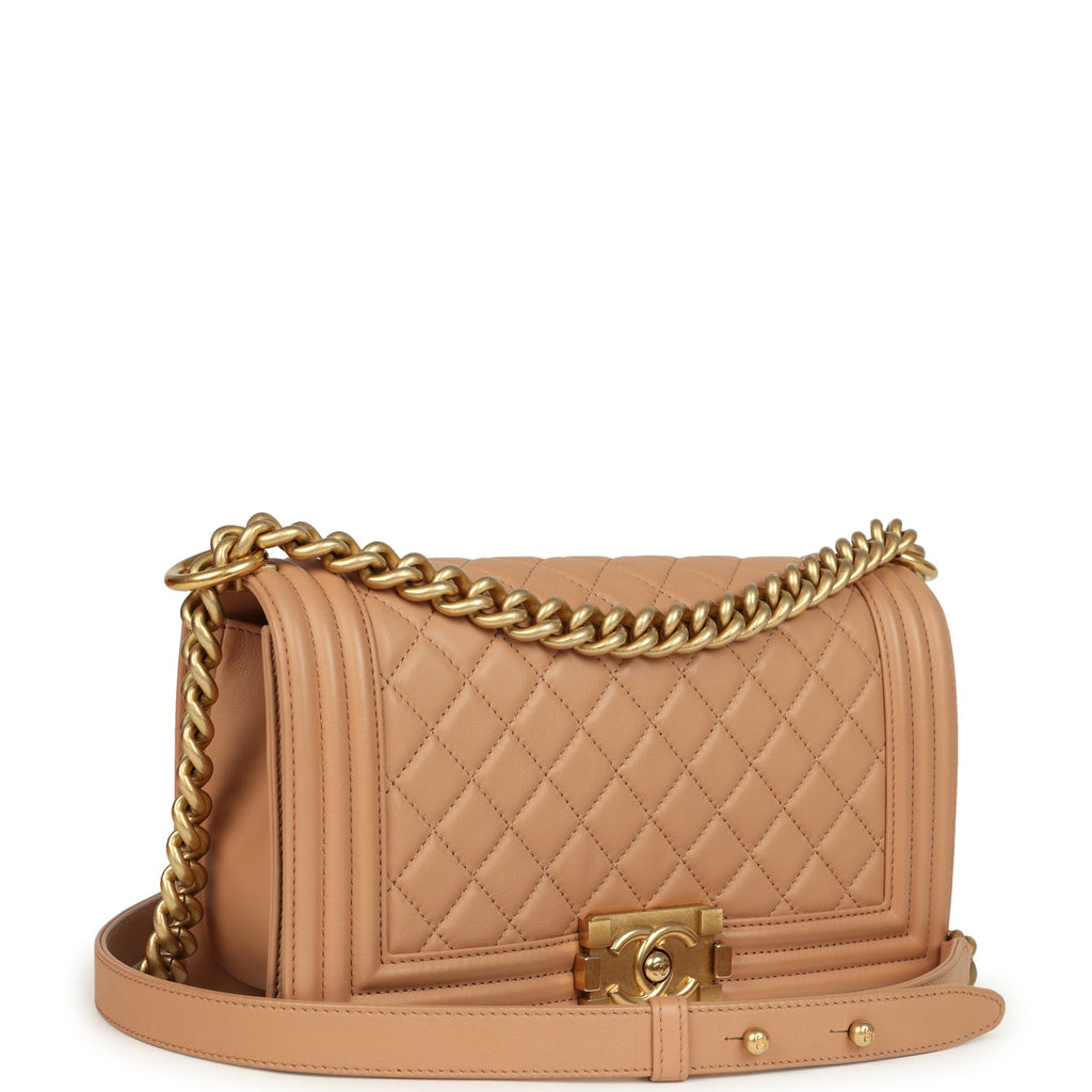 Preowned Chanel Medium Boy Bag Dark Beige Lambskin Antique Gold Hardware