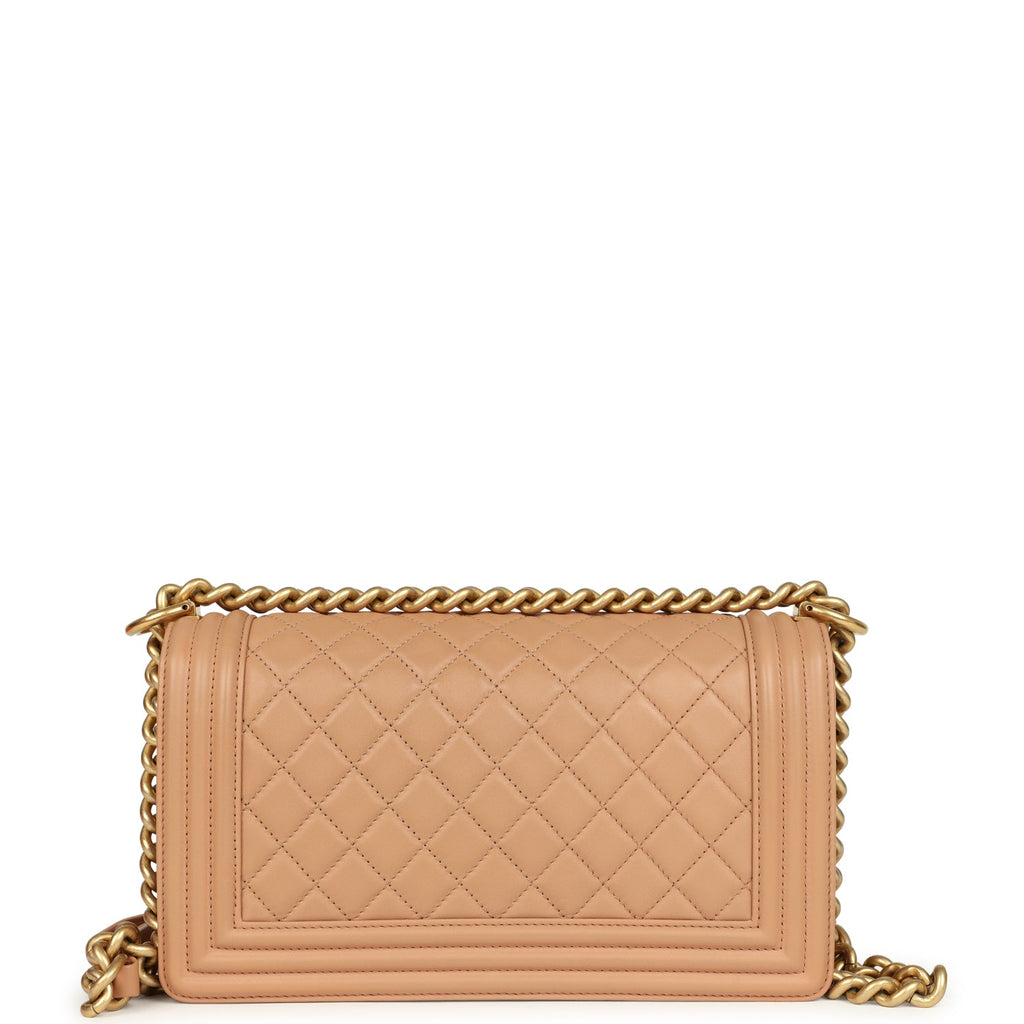 Preowned Chanel Medium Boy Bag Dark Beige Lambskin Antique Gold Hardware