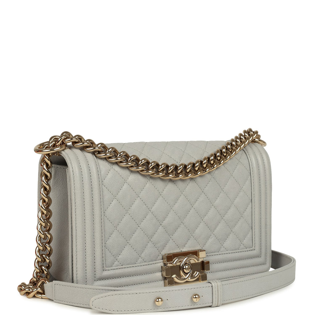 Chanel Medium Boy Bag Grey Shiny Caviar Light Gold Hardware