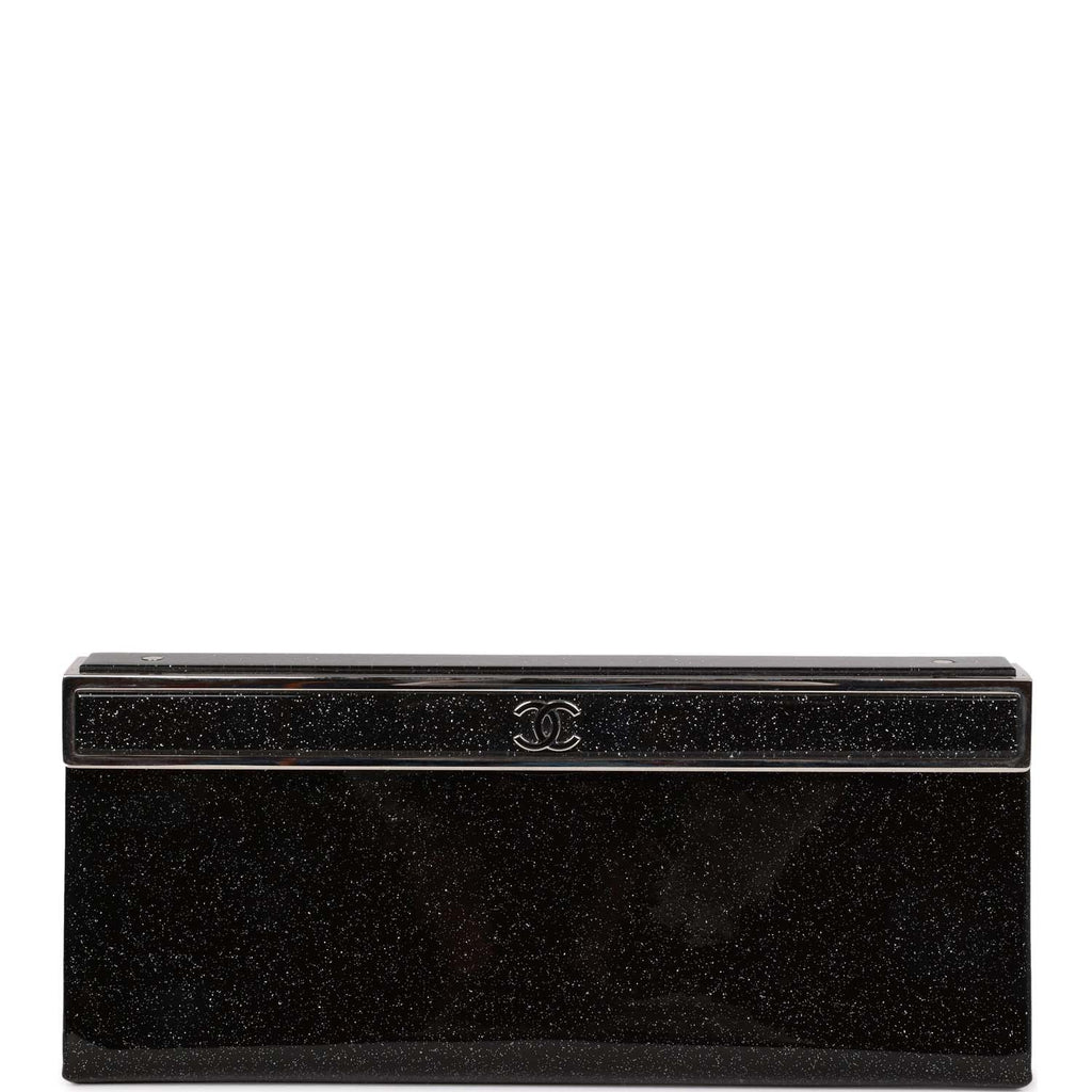 Chanel Minaudiere Long Frame Clutch Black Glitter Patent Silver Hardware