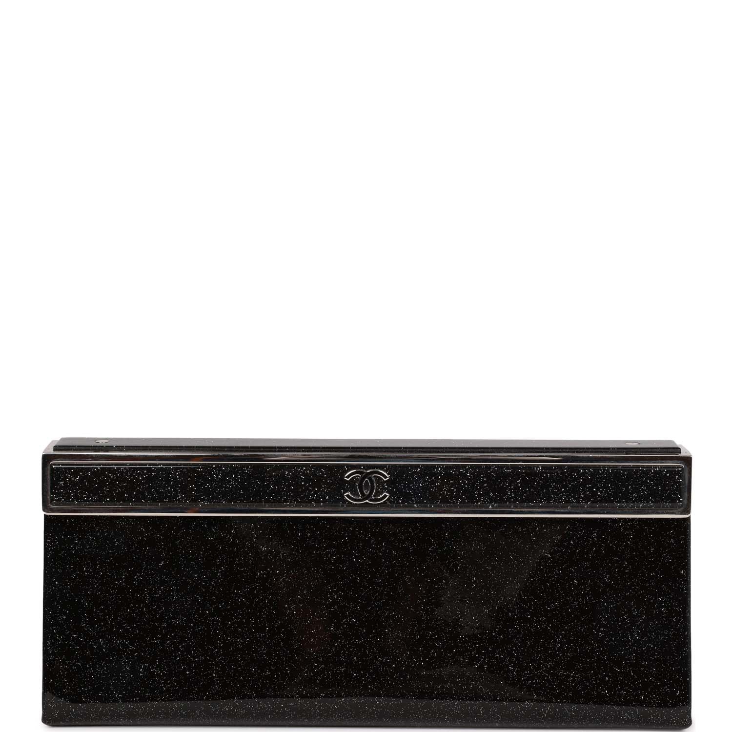 Chanel Minaudiere Long Frame Clutch Black Glitter Patent Silver Hardware