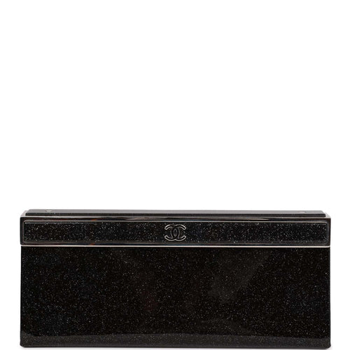 Chanel Minaudiere Long Frame Clutch Black Glitter Patent Silver Hardware